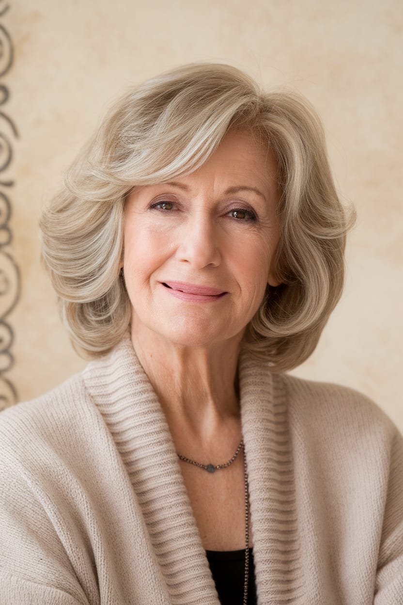 A woman over 60 with soft shoulder-length waves, smiling warmly