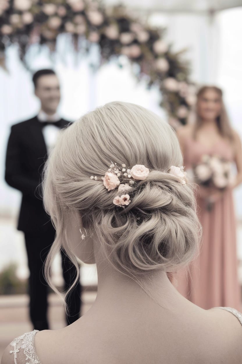 A close-up view of a woman’s soft updo hairstyle, adorned with delicate flowers, suitable for a heart-shaped face.