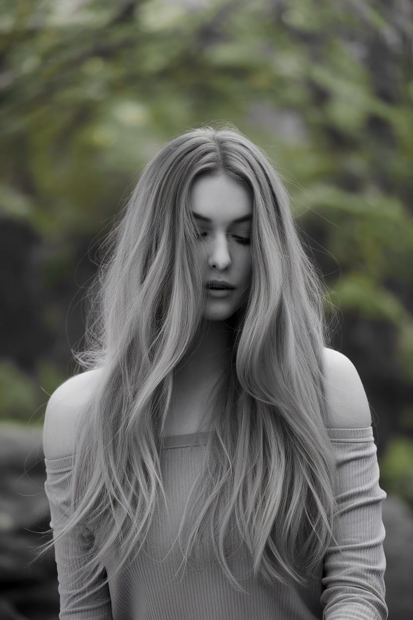 A woman with long, soft waves, wearing an off-shoulder top, set against a natural background.