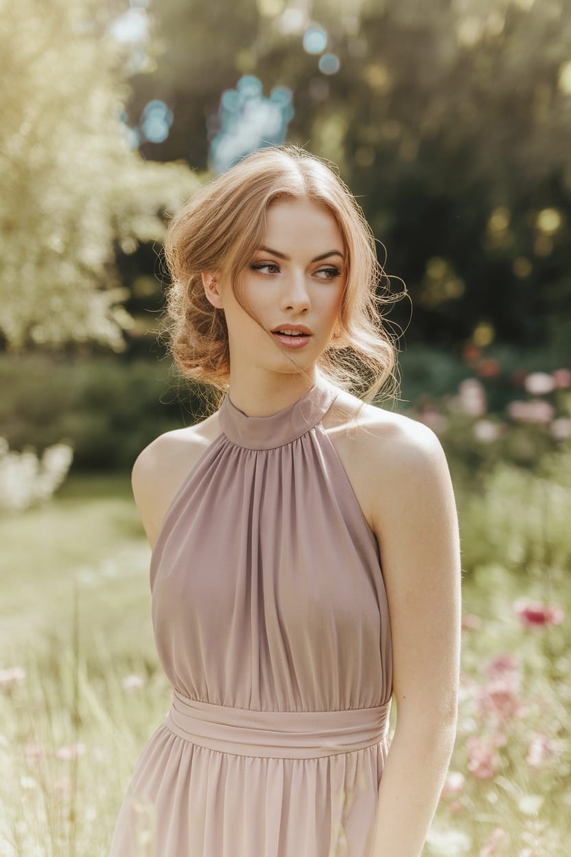 A woman with soft waves wearing a halter neckline dress in a garden