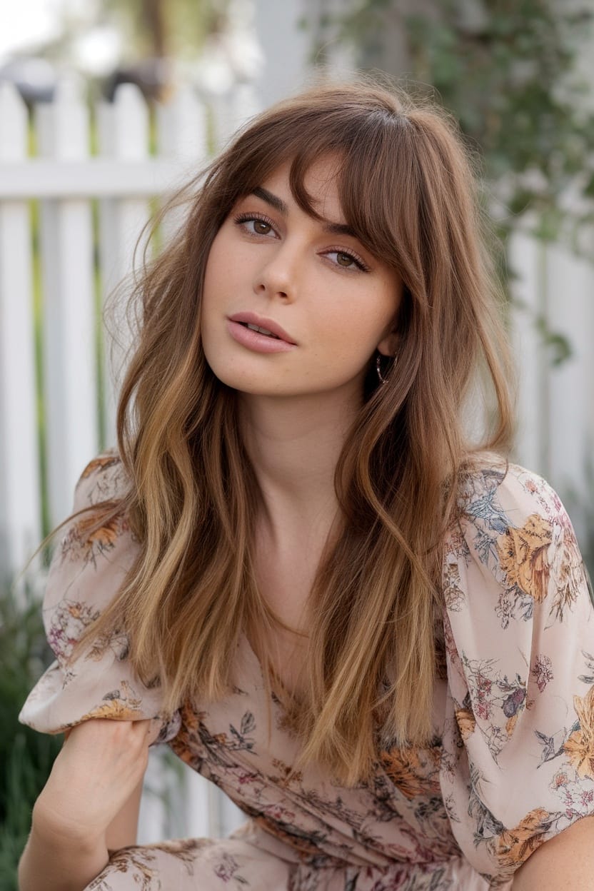 A woman with soft waves and side bangs, showcasing a hairstyle suitable for heart-shaped faces.