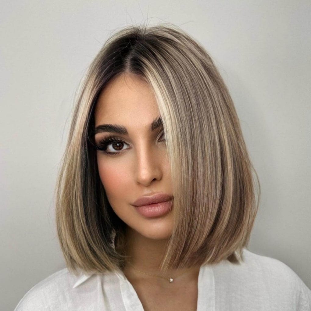 Sophisticated shoulder-length bob with dark to light ombre gradient.