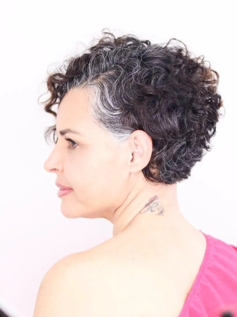 Sophisticated grey curly pixie with natural texture