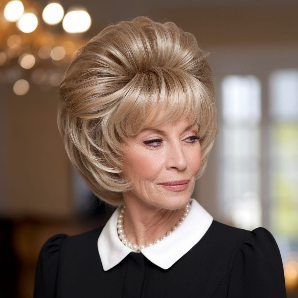 A mature woman with a sophisticated backcombed bob hairstyle, wearing a black dress with a white collar.