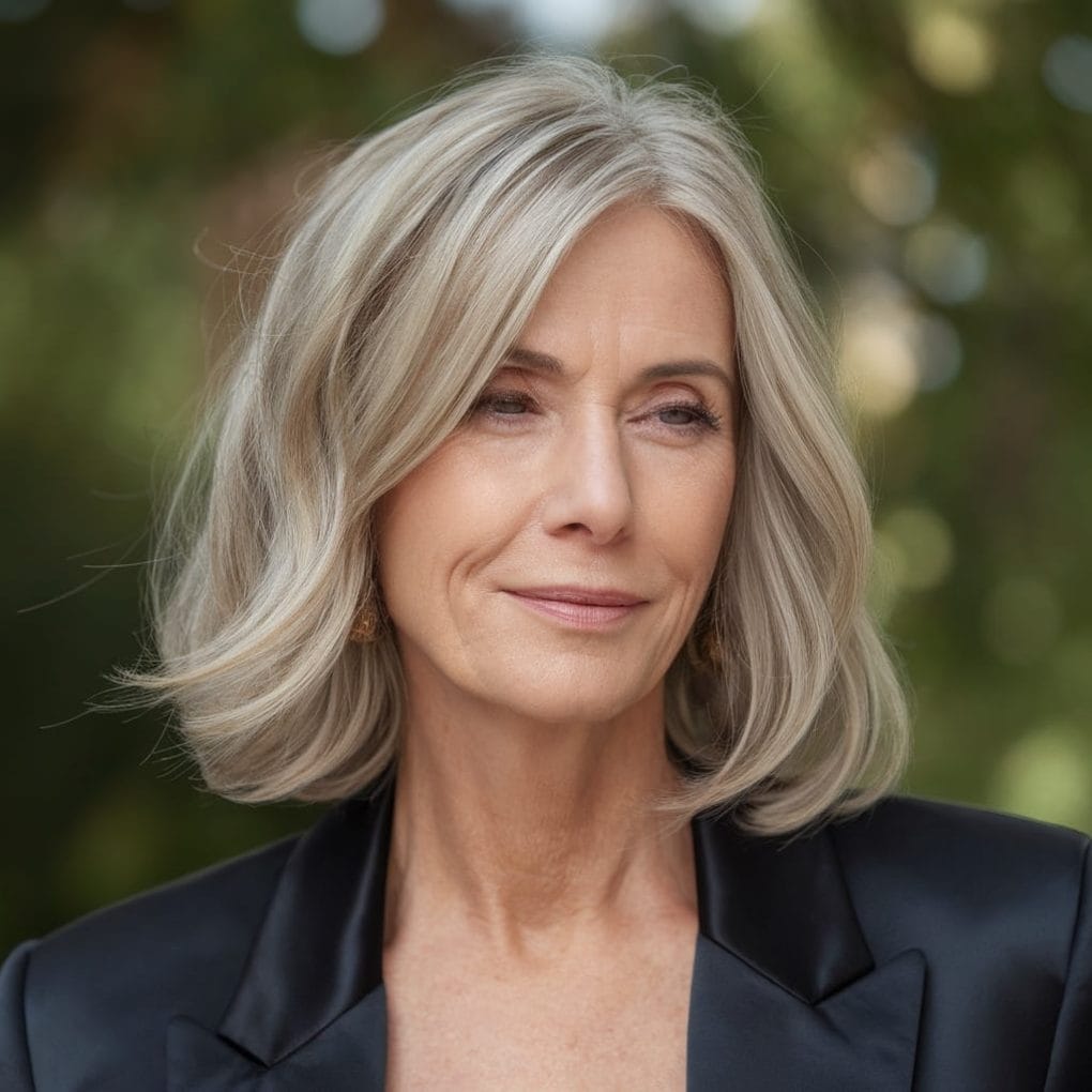 Woman with a sophisticated lob hairstyle featuring subtle waves.