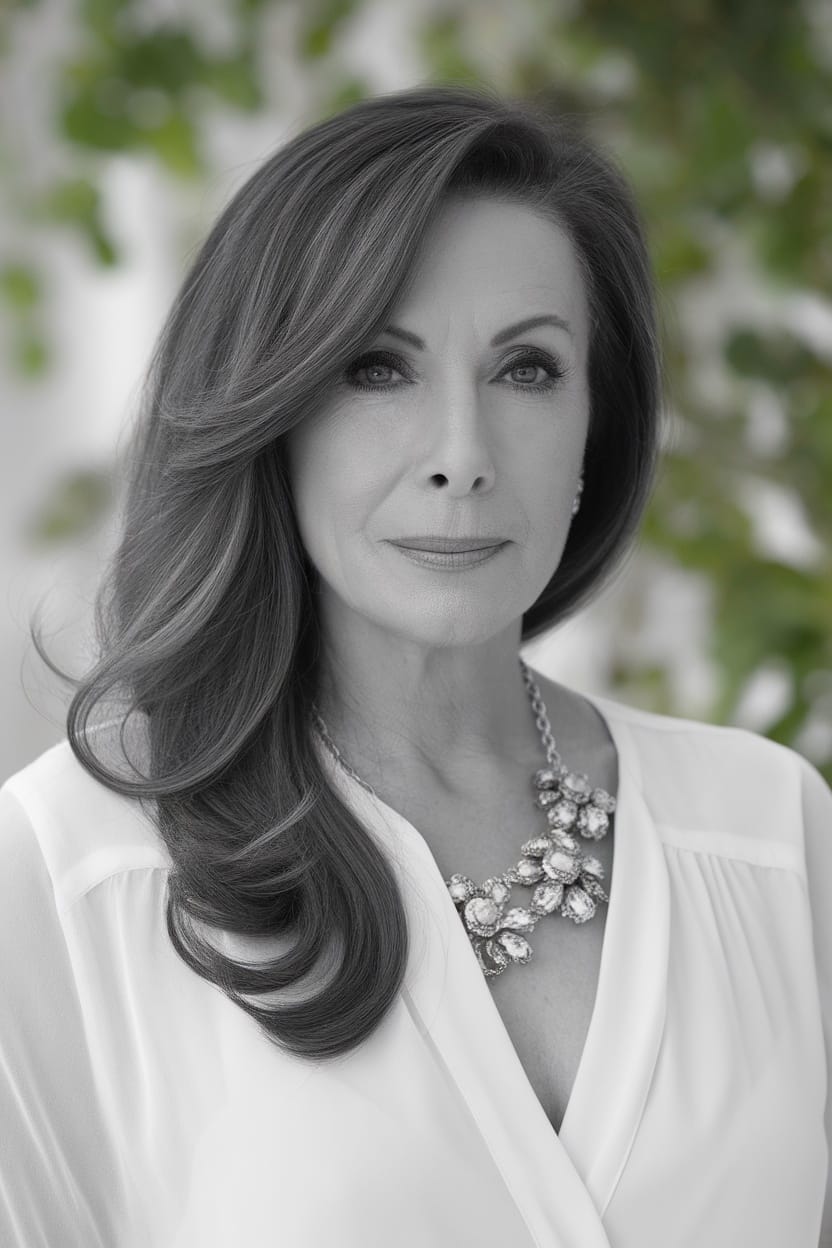 A woman with side-swept hair, wearing a white blouse and a statement necklace, exuding elegance.