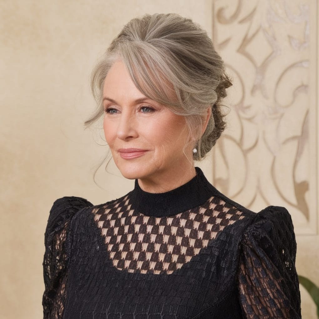 A sophisticated updo for short hair on an older woman, showcasing elegance and style.
