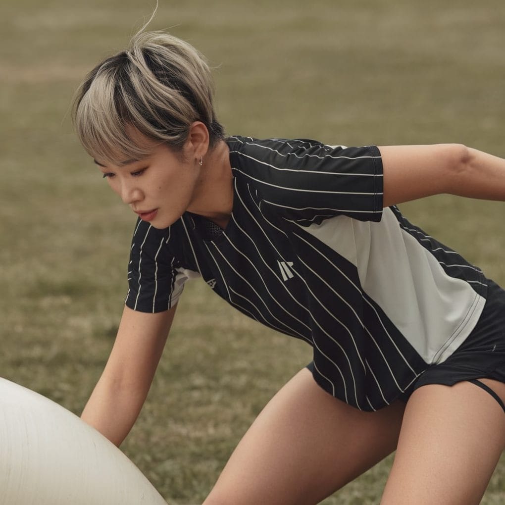 An Asian woman with a sporty short hairstyle, wearing a striped athletic shirt, engaged in physical activity.