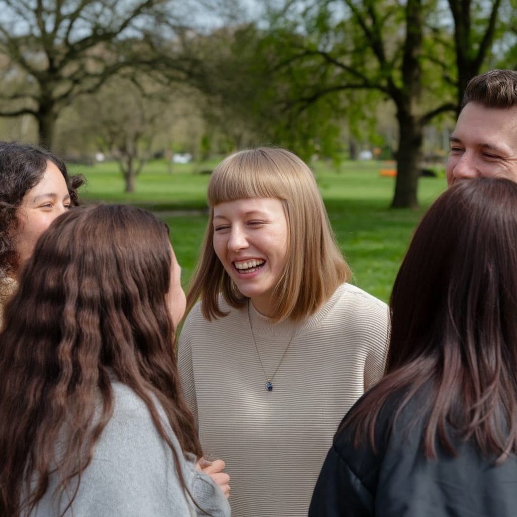 A group of friends laughing together outdoors, featuring a woman with a straight fringe and a boyish haircut.