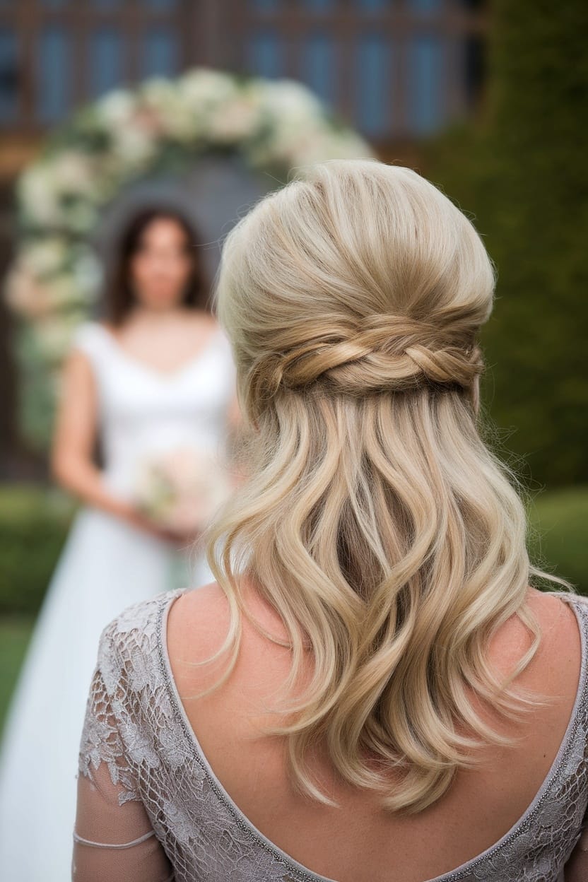 A woman with a structured faux hawk hairstyle, elegantly dressed, with soft waves in the back, standing in front of a bride.