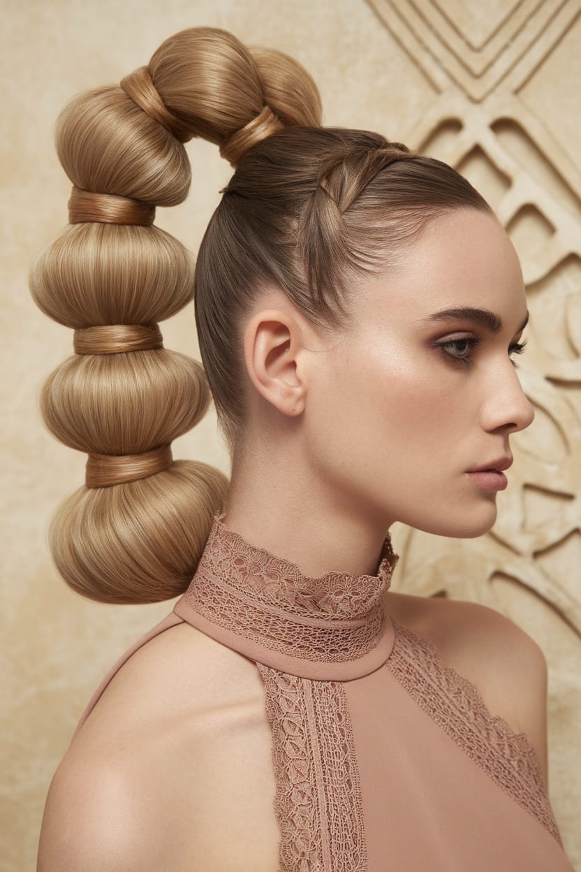 A model showcases a structured updo hairstyle that complements a high neck dress, featuring loops and braids.