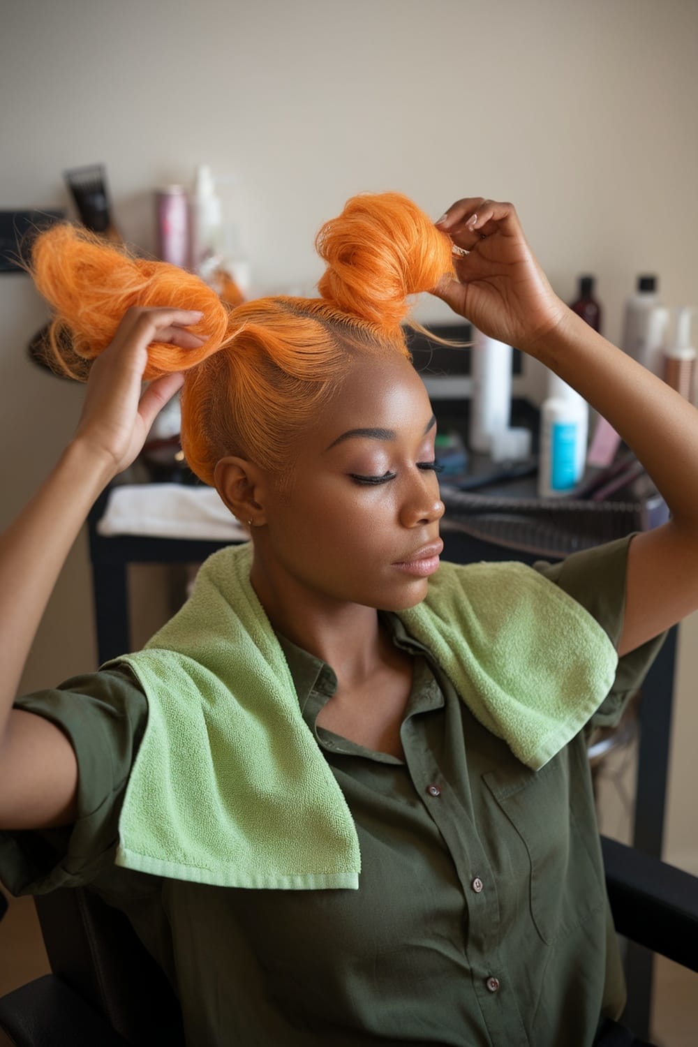 A woman with orange hair styled in two playful buns, preparing for a hairstyle in a salon setting.