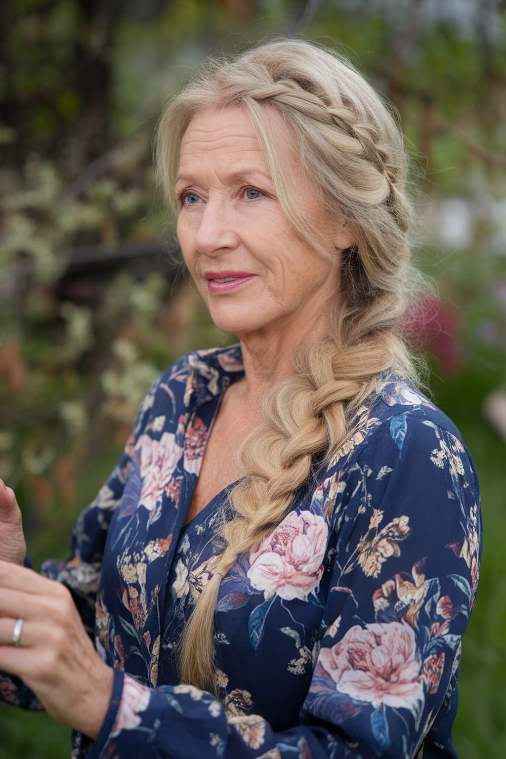A woman with long braided hair wearing a floral blouse, showcasing a stylish hairstyle suitable for women over 50.