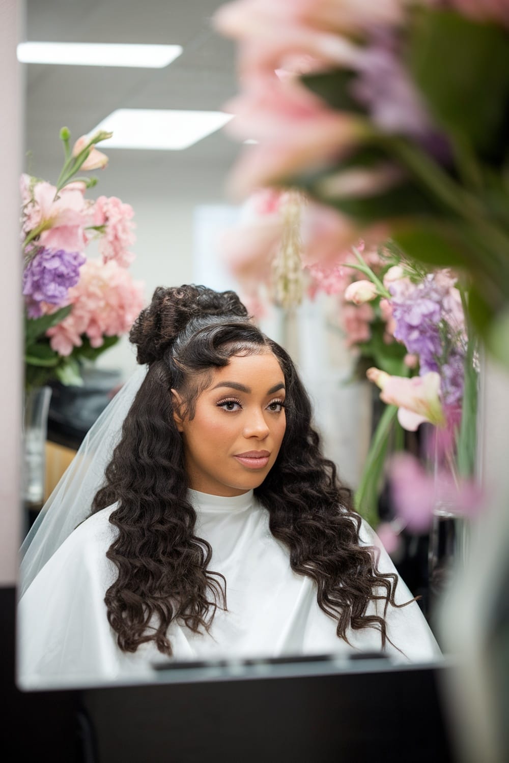 A woman with curly hair styled in a half-up half-down wedding hairstyle, featuring a bun and soft waves, wearing a veil, surrounded by flowers.