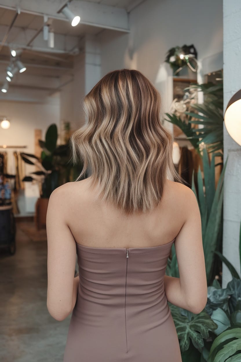 A woman with wavy hair featuring subtle highlights, wearing a tube dress