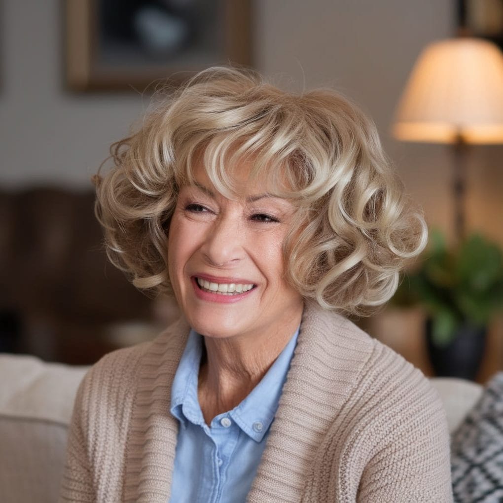 A woman with a curly bob hairstyle, smiling warmly while wearing a cozy cardigan.
