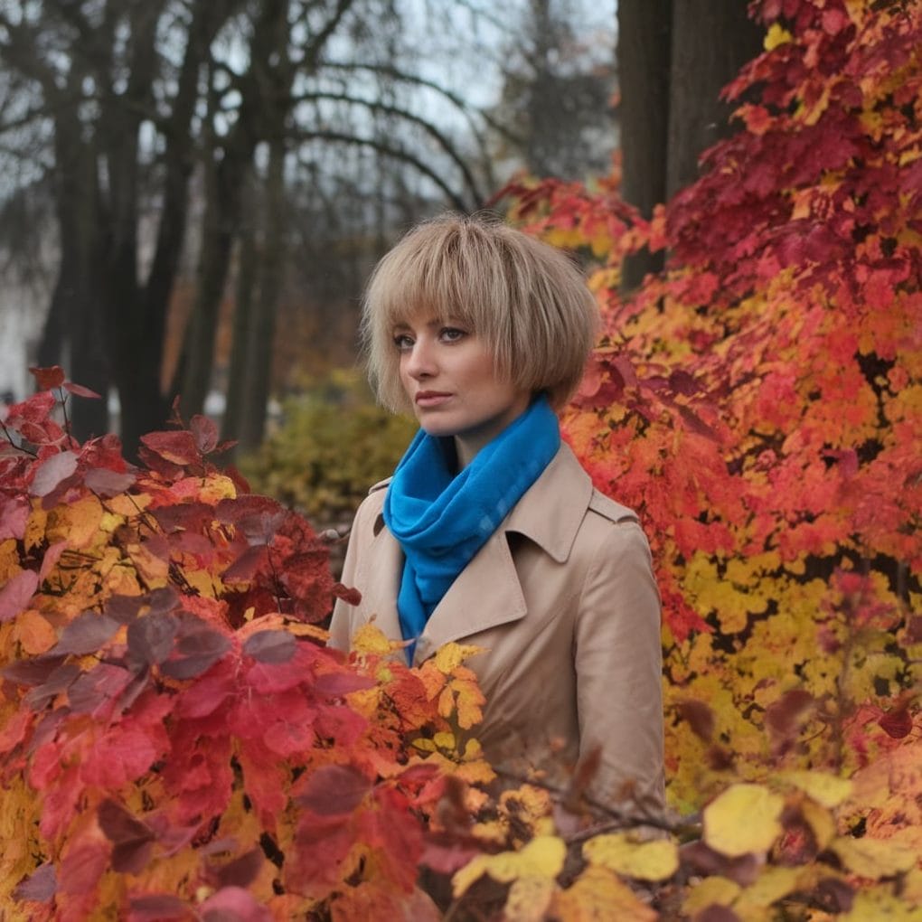 A woman with a textured bob haircut standing amidst colorful autumn leaves.