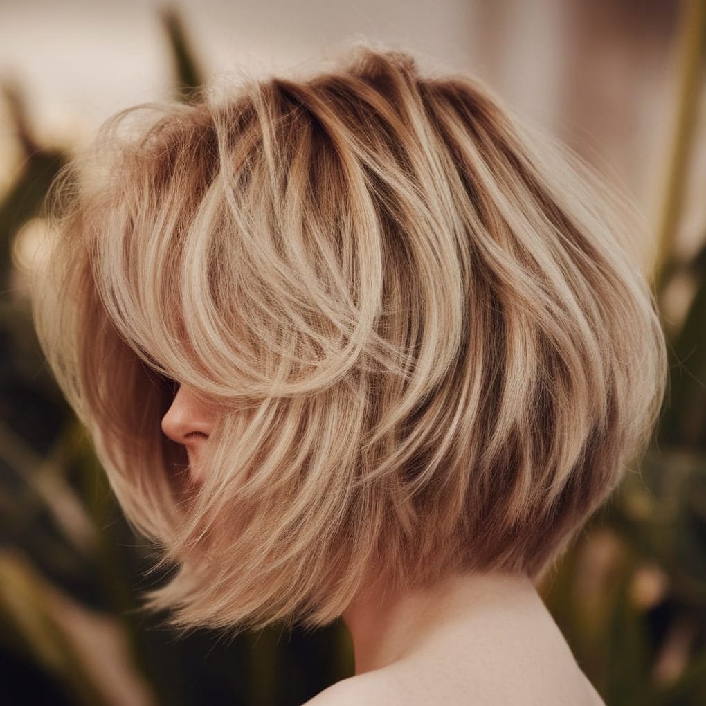A stylish textured bob hairstyle with soft layers and volume.