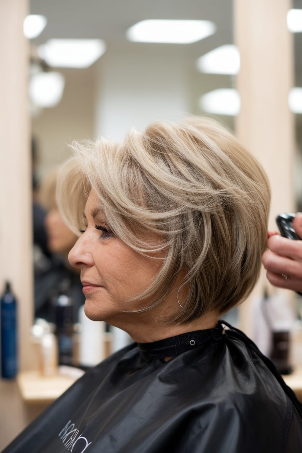A woman with a textured bob hairstyle featuring subtle highlights, looking elegant in a salon setting.