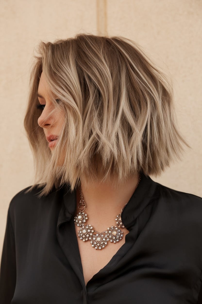 A woman with a textured bob hairstyle, showcasing soft waves and volume, ideal for round face shapes.