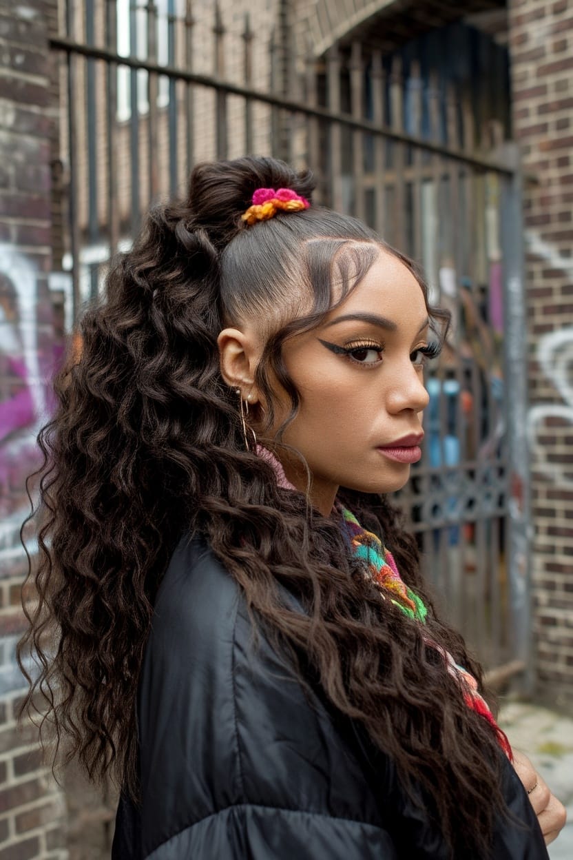 A woman with a textured half-up ponytail hairstyle featuring loose curls and a colorful scrunchie.