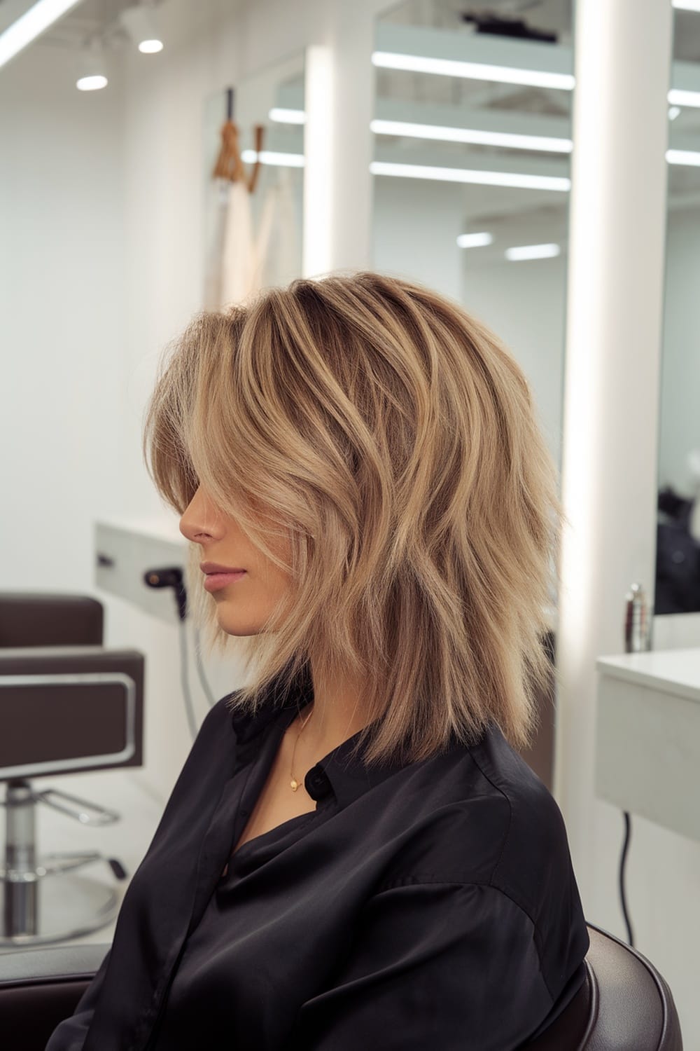A woman with medium length, textured layered hair styled in soft waves, sitting in a salon.