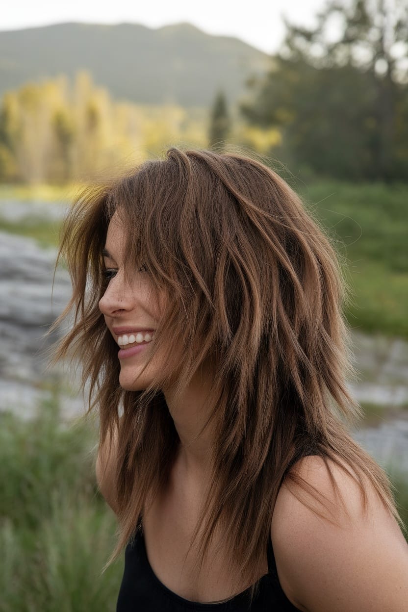 Woman with textured layered hairstyle smiling outdoors