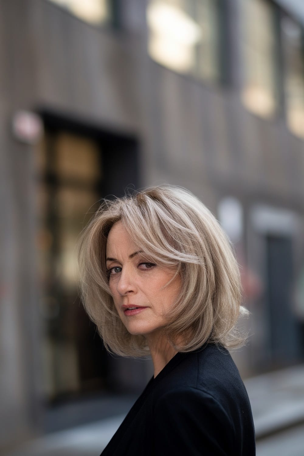 A woman with a textured long bob hairstyle, showcasing soft waves and a confident expression.