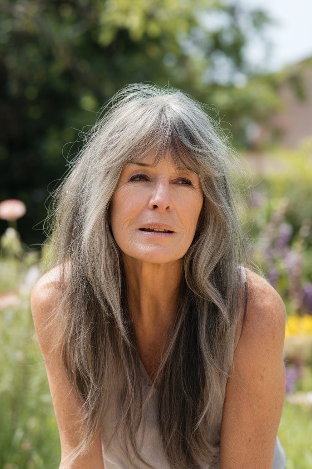 A woman with long textured hair and bangs, looking thoughtfully outdoors.