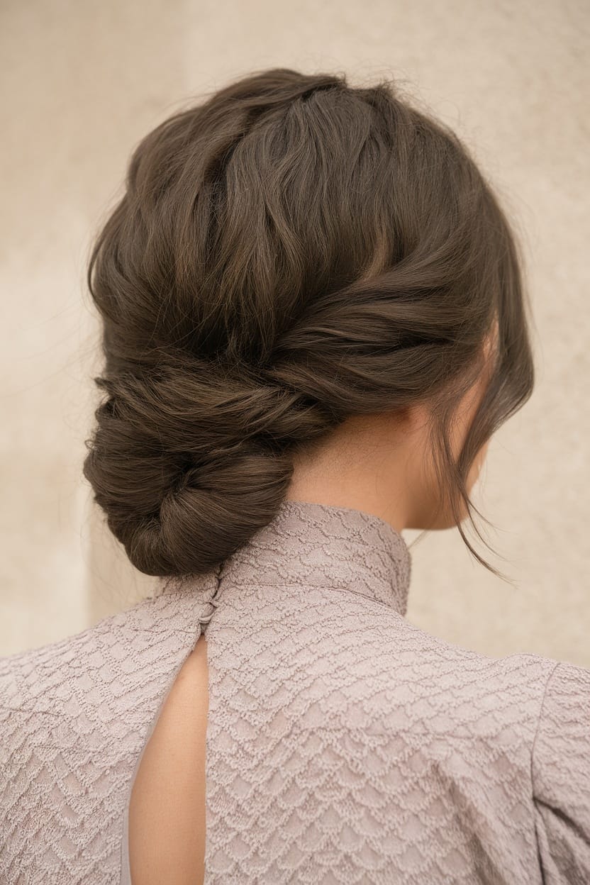 A woman with a textured low knot hairstyle, wearing a high neck dress, showcasing an elegant and chic look.