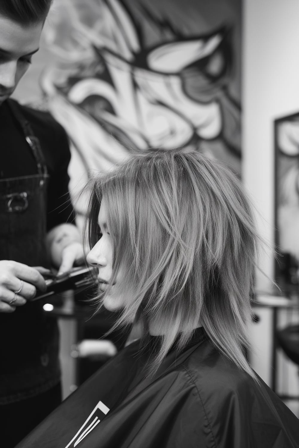 A stylist cutting a client's hair into textured medium layers in a salon.