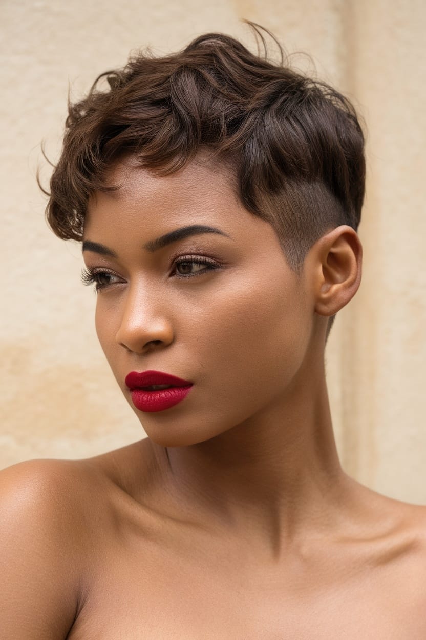 A woman with a textured pixie cut showcasing elegance and style.