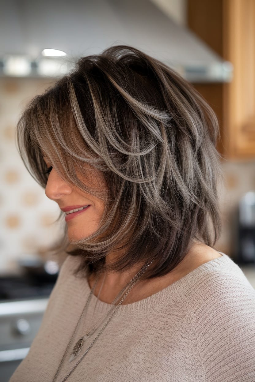 A woman with a textured shag haircut, featuring soft layers and highlights, smiling while looking to the side.