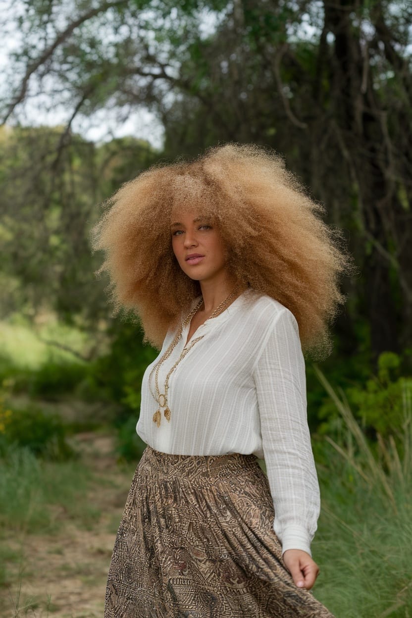 A woman with a large curly afro hairstyle, wearing a white blouse and patterned skirt, standing in a natural outdoor setting.