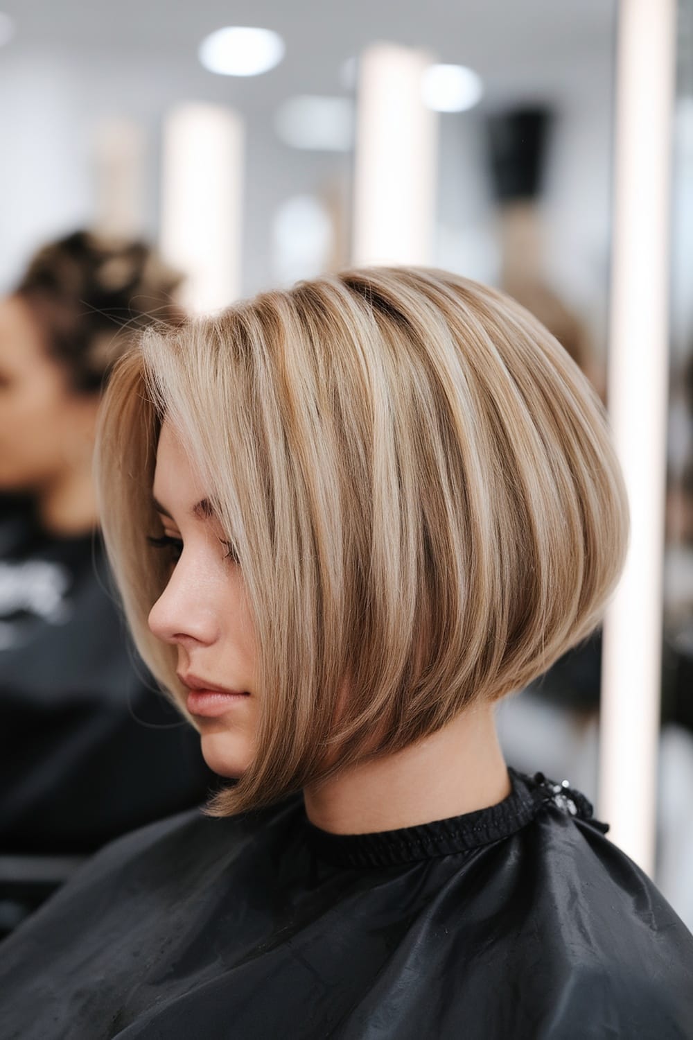 A woman with a classic 90s layered bob haircut, showcasing smooth lines and subtle highlights.