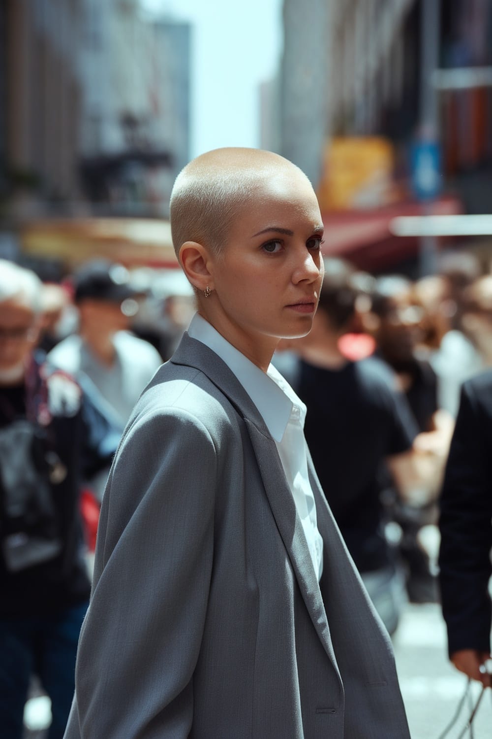 A woman with a buzz cut wearing a tailored suit, confidently standing in a busy city street.