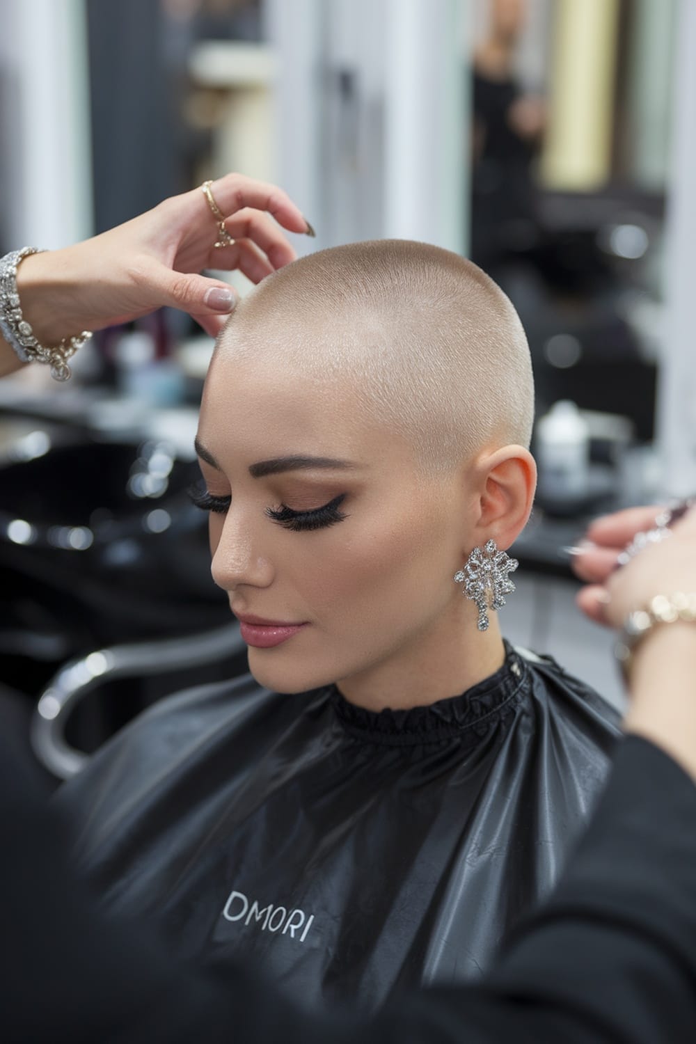 A woman with a buzzed haircut being styled in a salon, showcasing elegant jewelry and makeup.