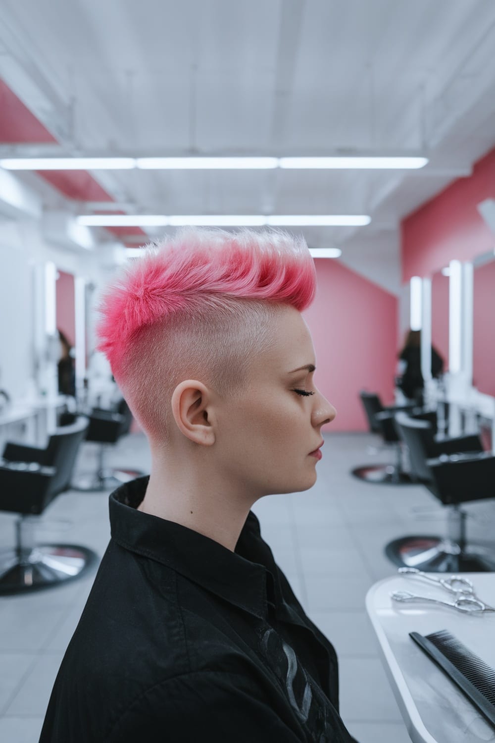 A side profile of a person with a pink undercut pixie hairstyle in a modern salon.