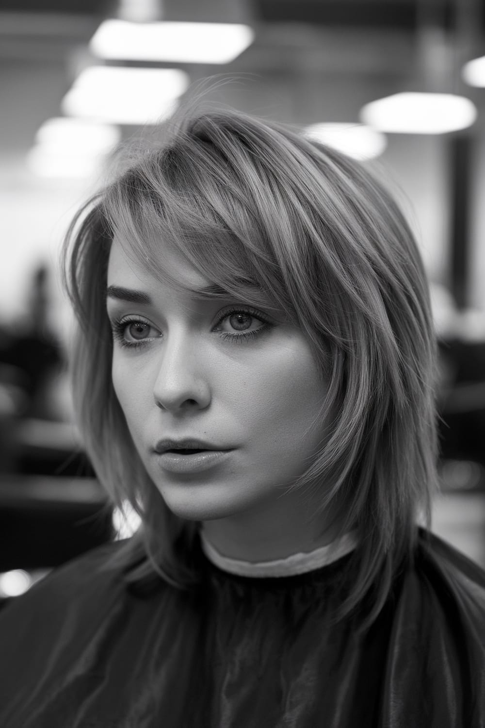 A close-up of a woman with a modern Rachel haircut, featuring soft layers and bangs.