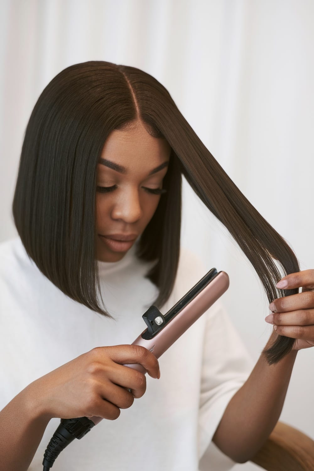 Woman styling her bob haircut with a flat iron