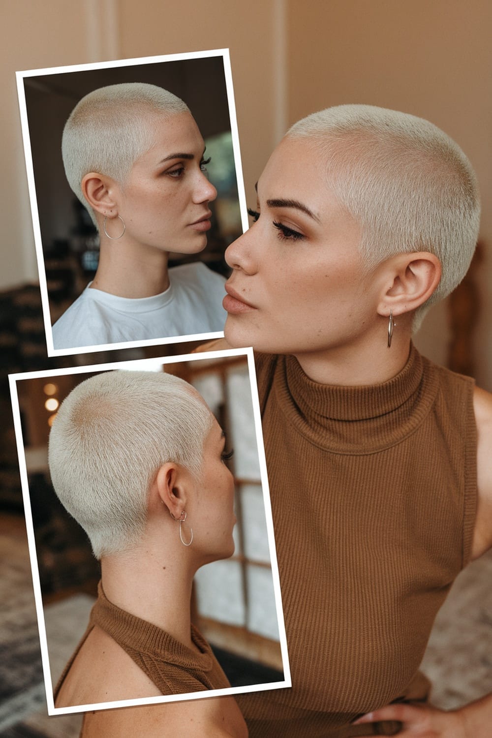 Woman with a buzzed haircut, showcasing confidence and style.