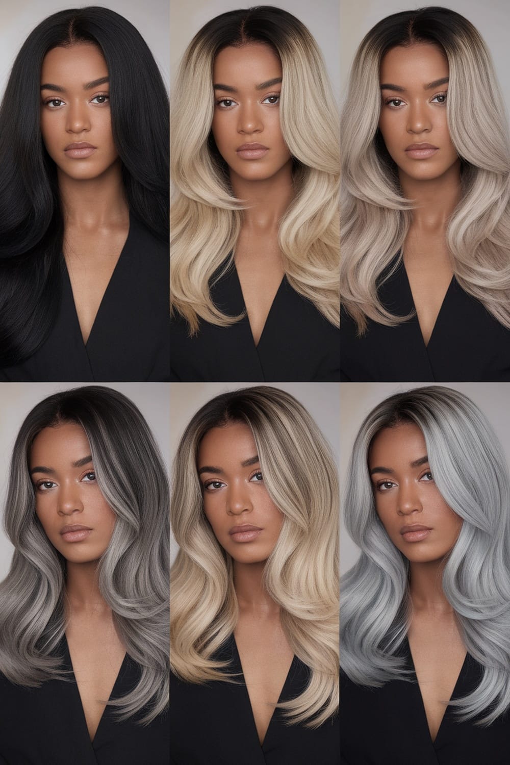 A collage of a model with various shades of ash blonde hair, showing different styling options.