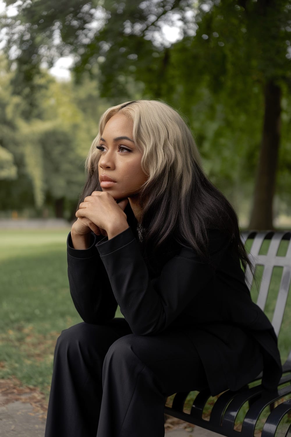 A woman with ash blonde and dark hair, sitting in a park, looking thoughtfully into the distance.