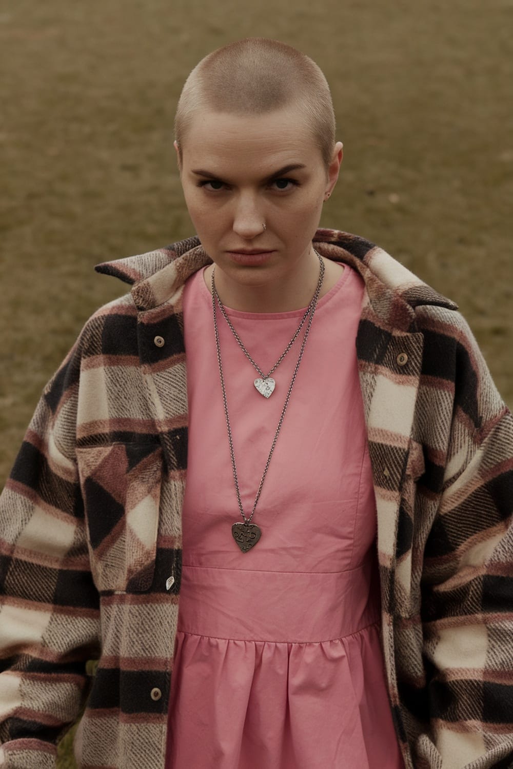 A woman with a buzzed hairstyle wearing a pink dress and a plaid jacket, looking confidently at the camera.