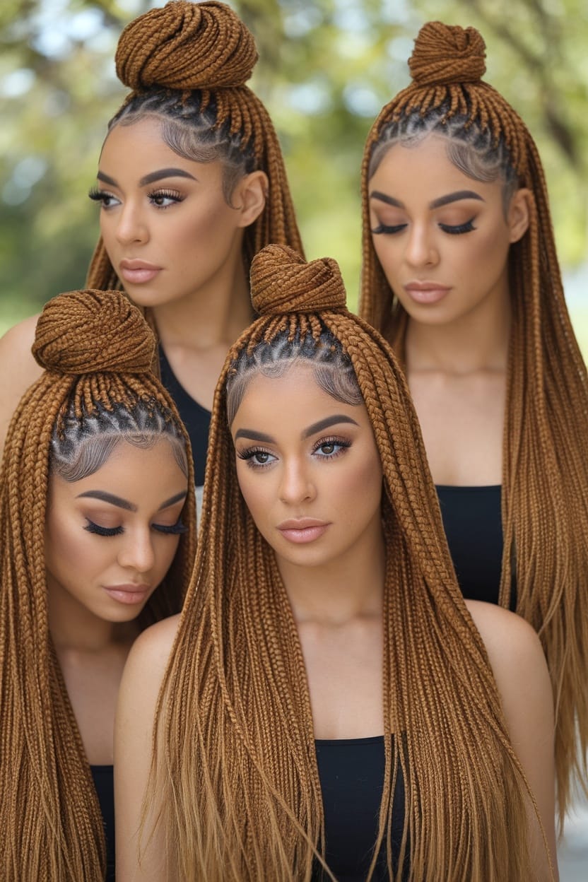 A collage showcasing various styles of crochet braids in warm colors, featuring different lengths and styles.