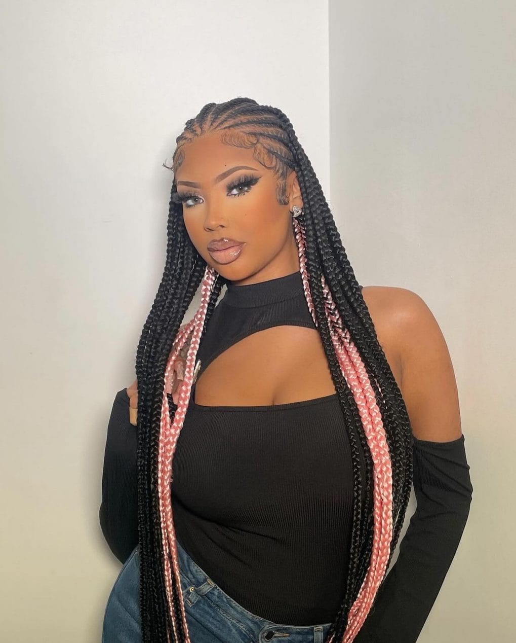 Tight scalp braids with colorful streaks and long flow