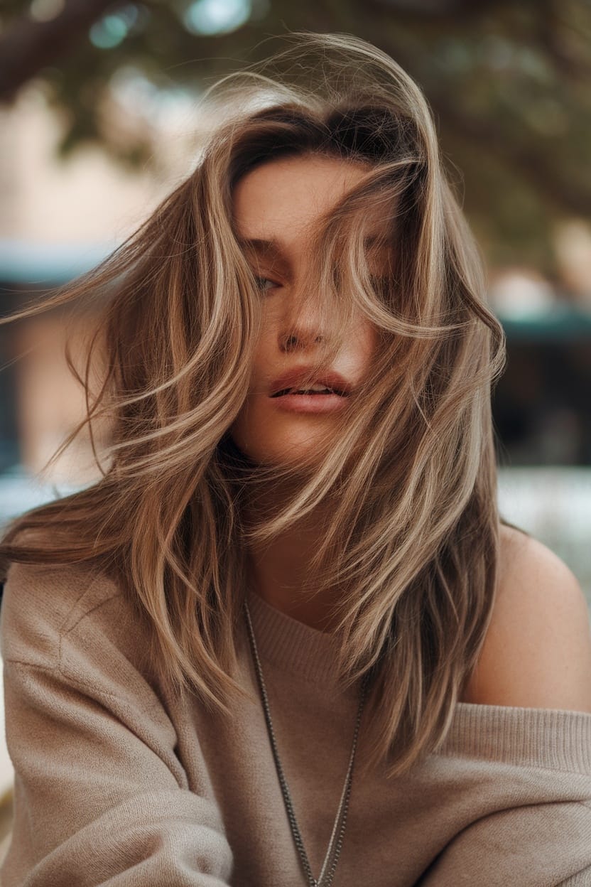 A woman with tousled layers hairstyle, displaying soft waves that frame her square face.