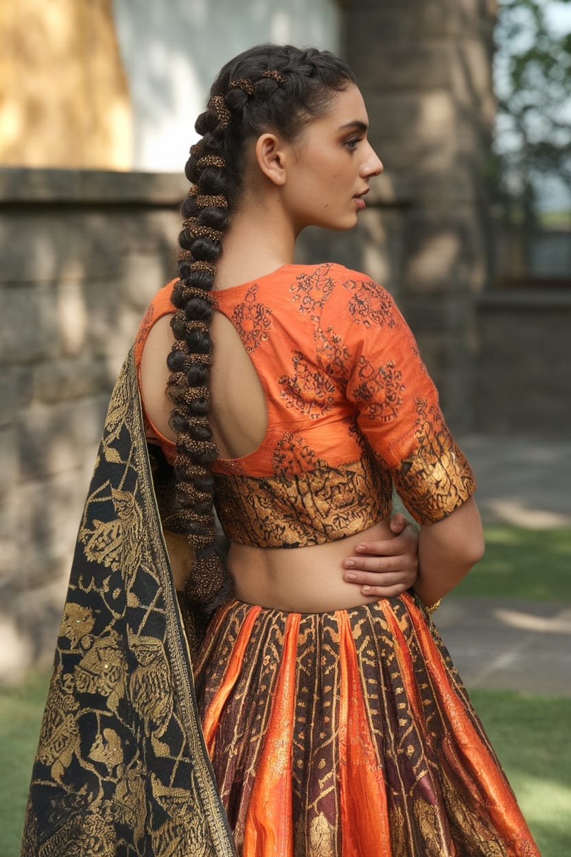 Model wearing a traditional lehenga with a long braid decorated with gold thread