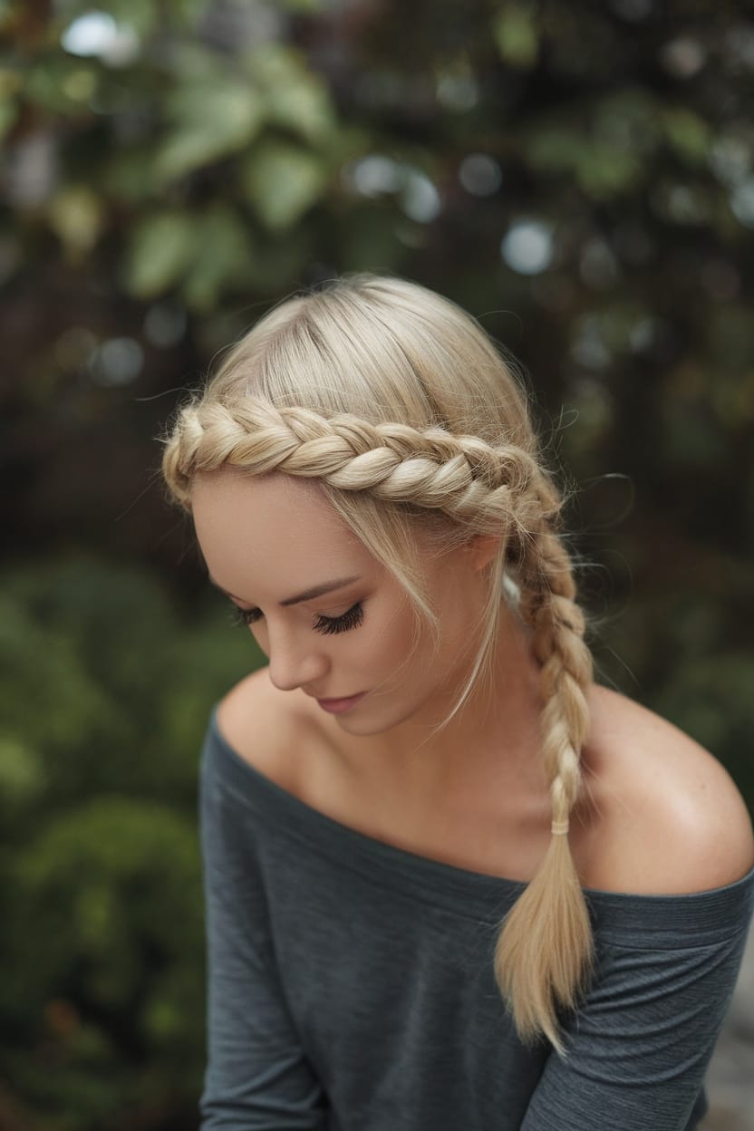 A woman with a twisted halo braid hairstyle, wearing an off-shoulder top, looking down with a serene expression.
