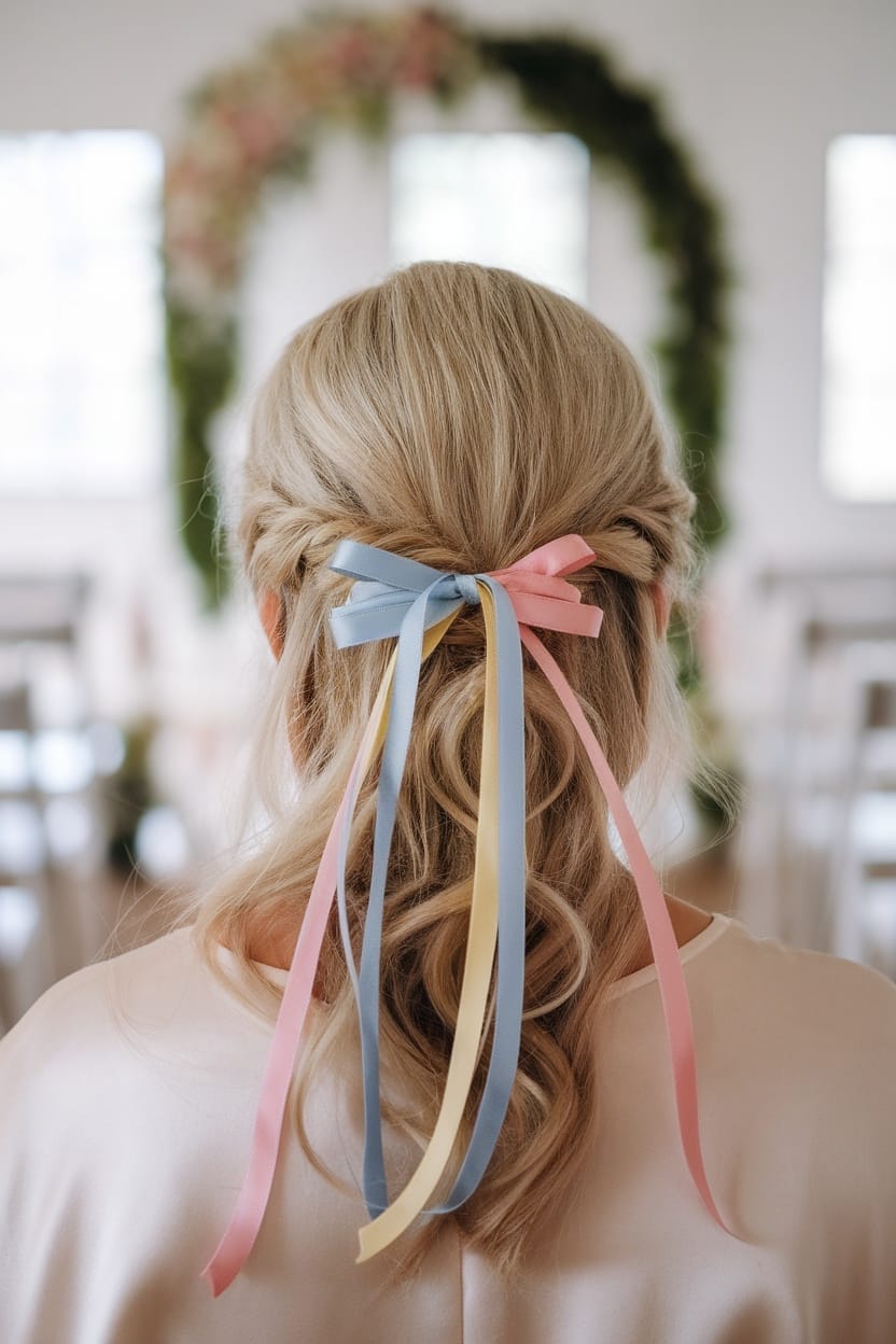 A woman with a twisted low ponytail adorned with colorful ribbons, viewed from behind, showcasing an elegant hairstyle.